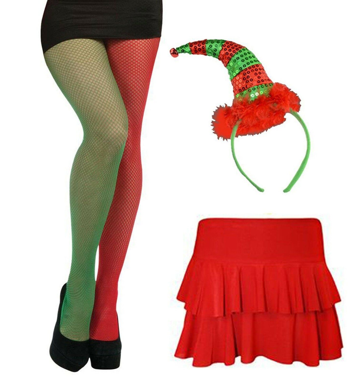 Ladies Christmas Red Rara Fishnet Tight Sequin Headband Xmas Fancy Dress - Labreeze
