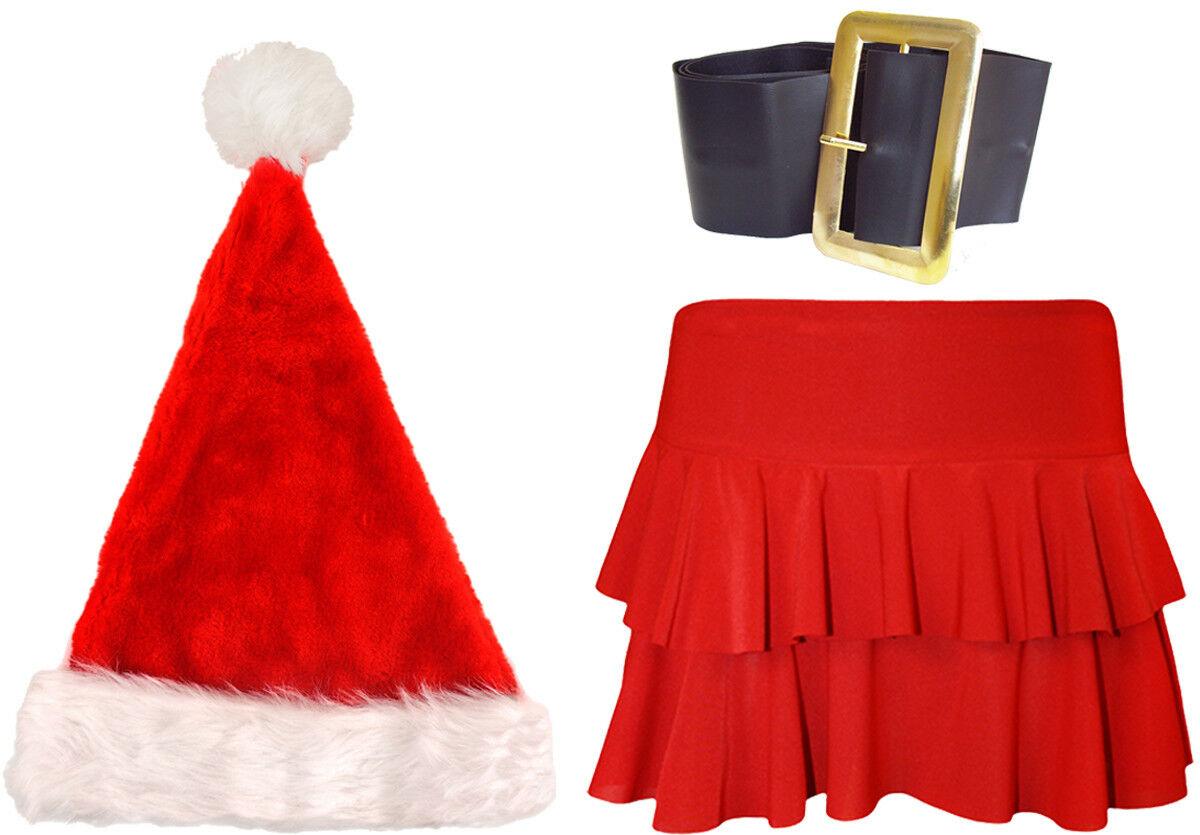 Ladies Christmas Red Rara Skirt Deluxe Santa Hat Buckle belt Xmas Fancy Dress - Labreeze