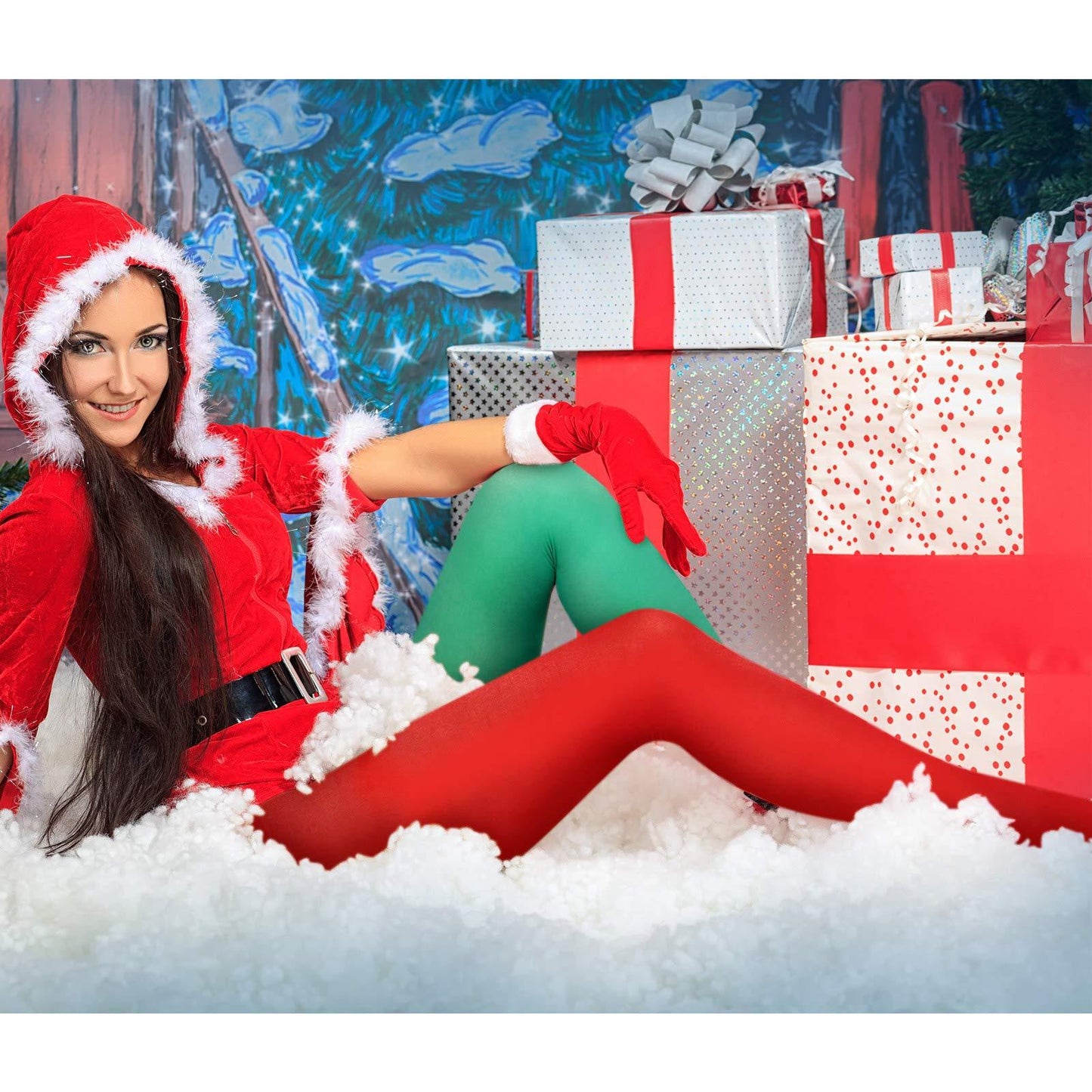 Ladies Christmas Santa Helper Elf Red Green Tights Xmas Party Fancy Dress - Labreeze