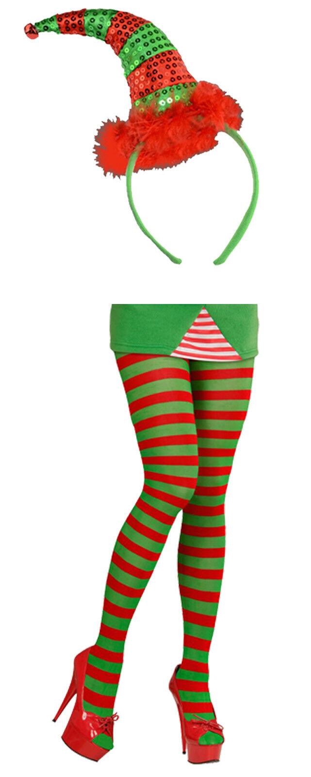 Ladies Elf Santa Helper Red Green Striped Tights Sequin Headband Fancy Dress - Labreeze