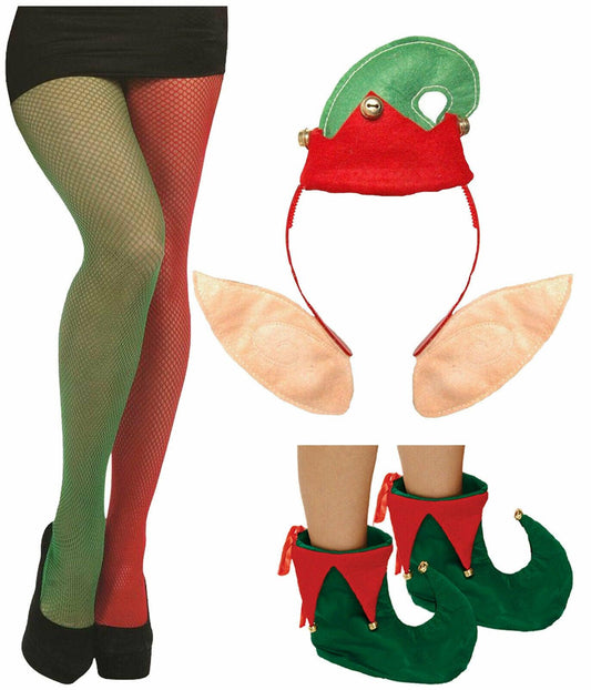 Ladies Fishnet Tights Elf Headbopper Shoes Christmas Xmas Fancy Dress Set - Labreeze