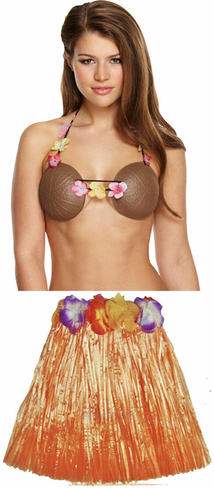 Ladies Girls 40 Cm Hula Grass Skirt Plastic Coconut Bra Hawaiian Beach Costume - Labreeze