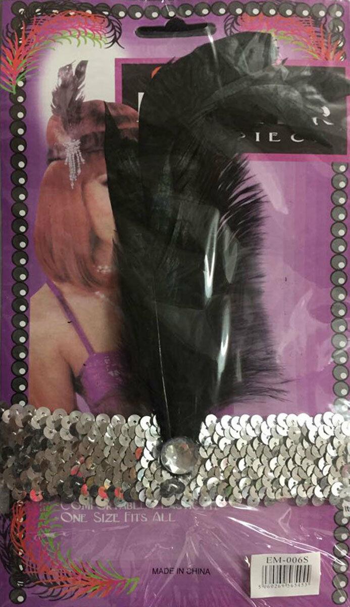 Ladies Girls Charleston Silver Sequin Gatsby Flapper Headband with Feathers - Labreeze