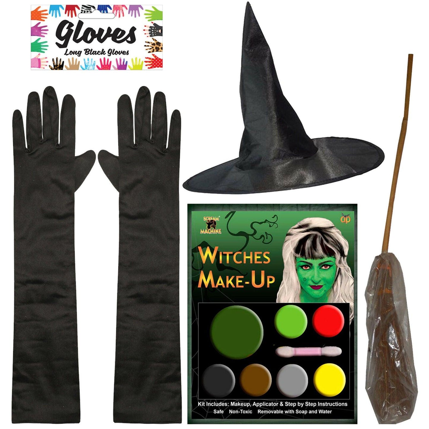 Ladies Girls Halloween Witch Hat Witch Makeup Black Gloves Broom Horror Party - Labreeze