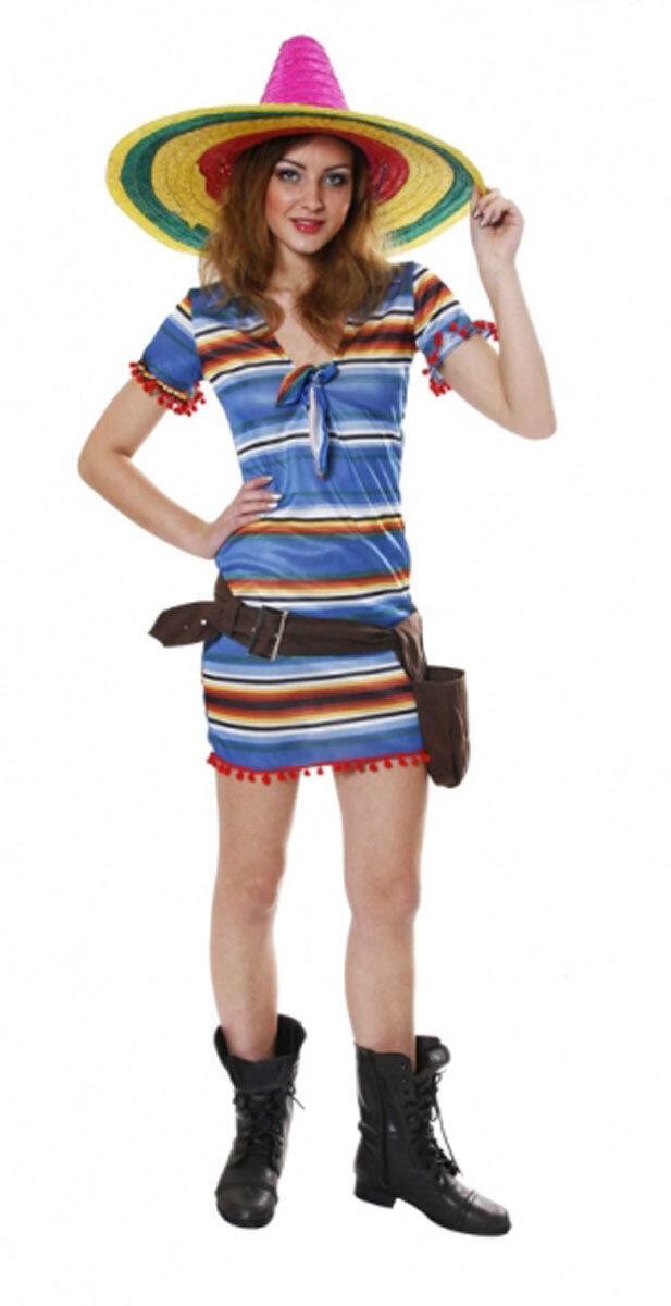 Ladies Girls Mexican Women Costume Blue Striped Fancy Dress Party Outfit - Labreeze