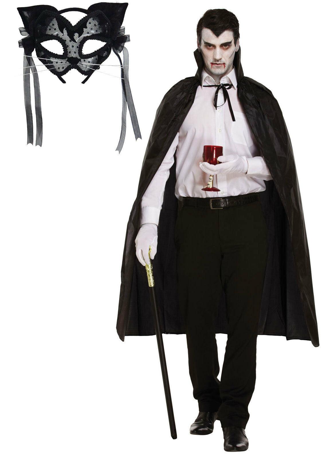 Ladies Halloween Black Cat Mask with Felt and Lace & Cape Fancy Dress Outfit - Labreeze