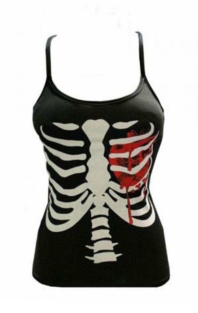 Ladies Halloween Skeleton with Bloody Heart Printed Womens Black Vest Top - Labreeze