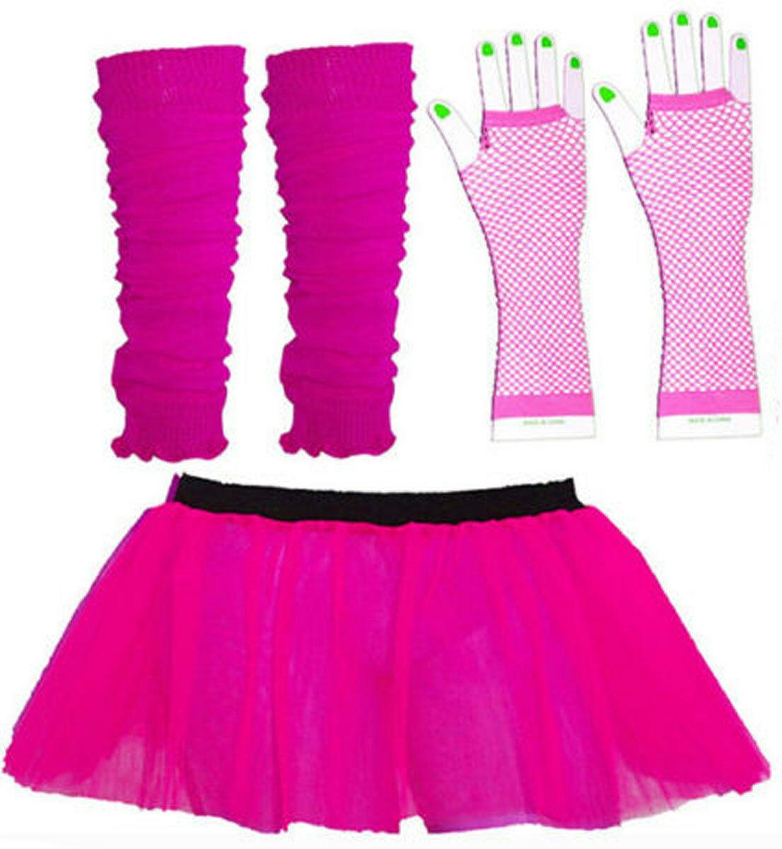 Ladies Neon Tutu Skirt Legwarmers Fishnet Gloves Race For Life Fancy Dress - Labreeze
