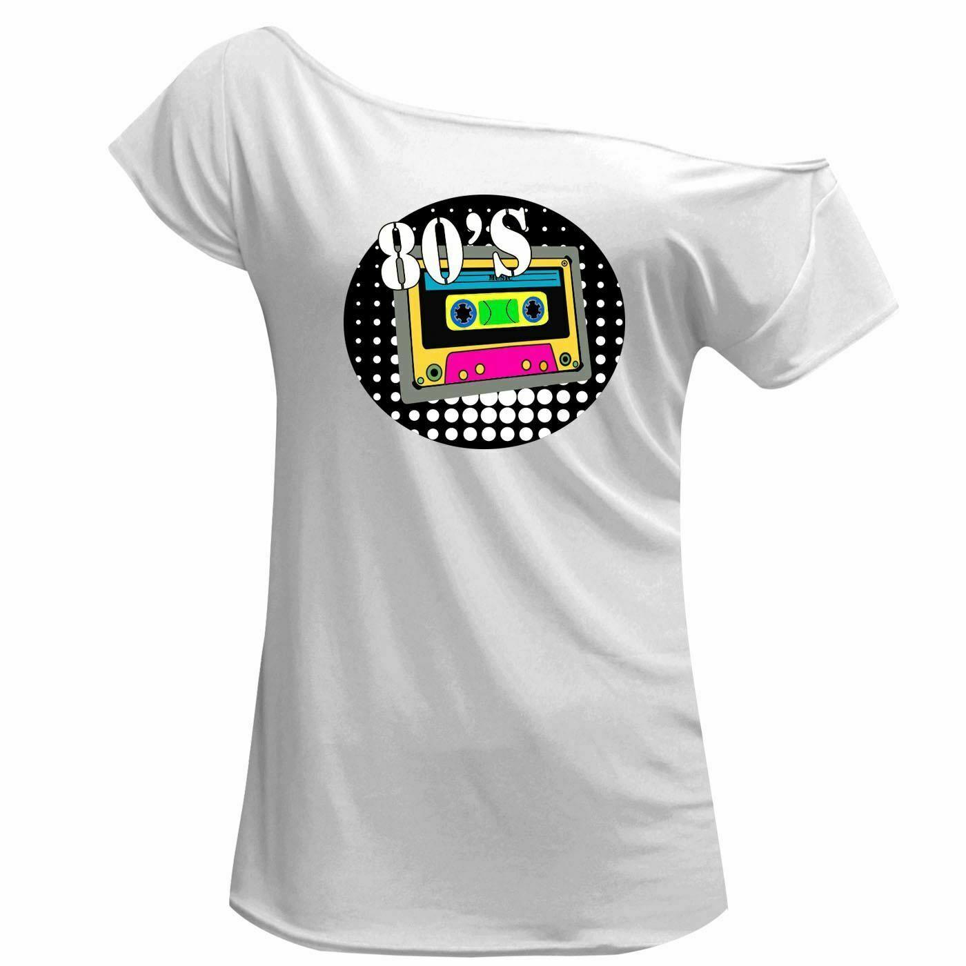 Ladies Off Shoulder Top Vintage Fun Awesome 80’s Cassette Tape Printed Shirt - Labreeze