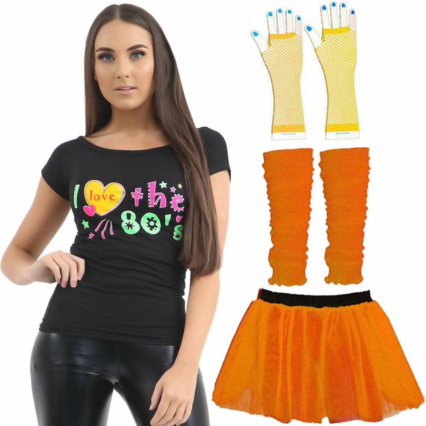 Ladies Orange 3 Layer Tutu T-shirt Gloves Leg Warmers 80s Hen Night Party Set - Labreeze