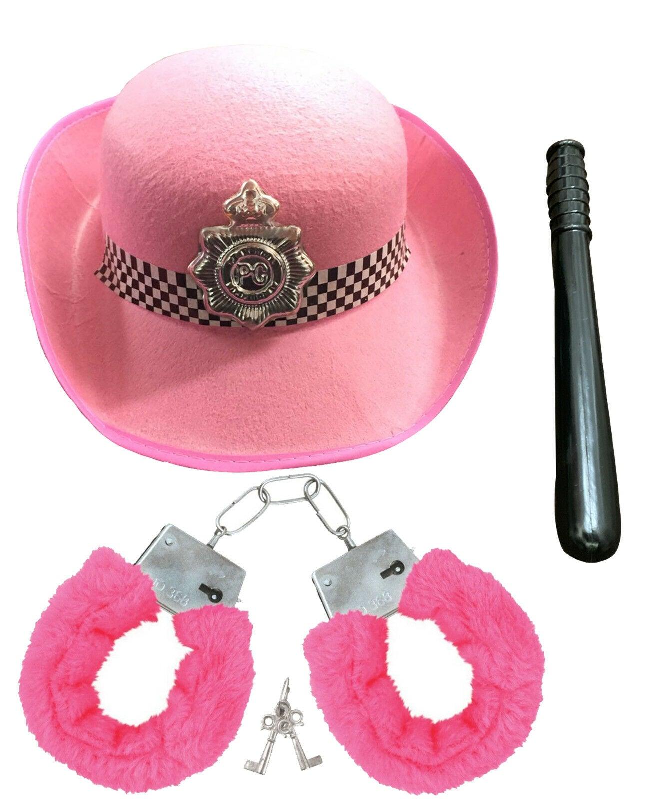 Ladies Police Constable Pink Hat Handcuffs Truncheon Hen Night Fancy Dress - Labreeze
