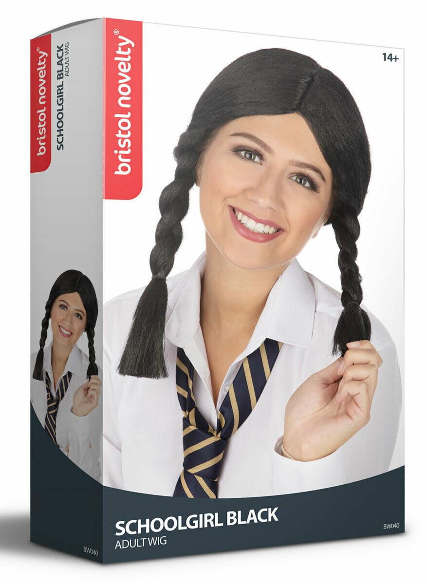 Ladies School Girl Wig Black Plaits Dorothy Halloween Fancy Dress Accessory - Labreeze