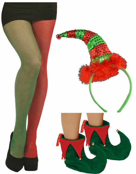 Ladies Sequin Elf Headband Fishnet Tights Shoes Christmas Xmas Fancy Dress - Labreeze