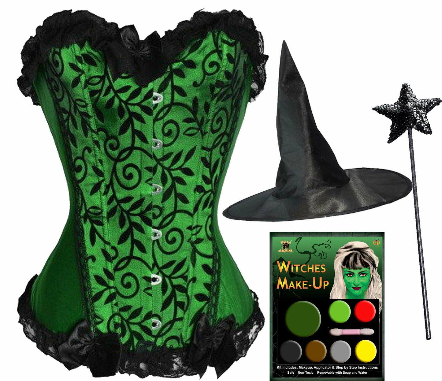 Ladies Sexy Witch Costume Corset Hat Make Up Sequin Wand Halloween Fancy - Labreeze