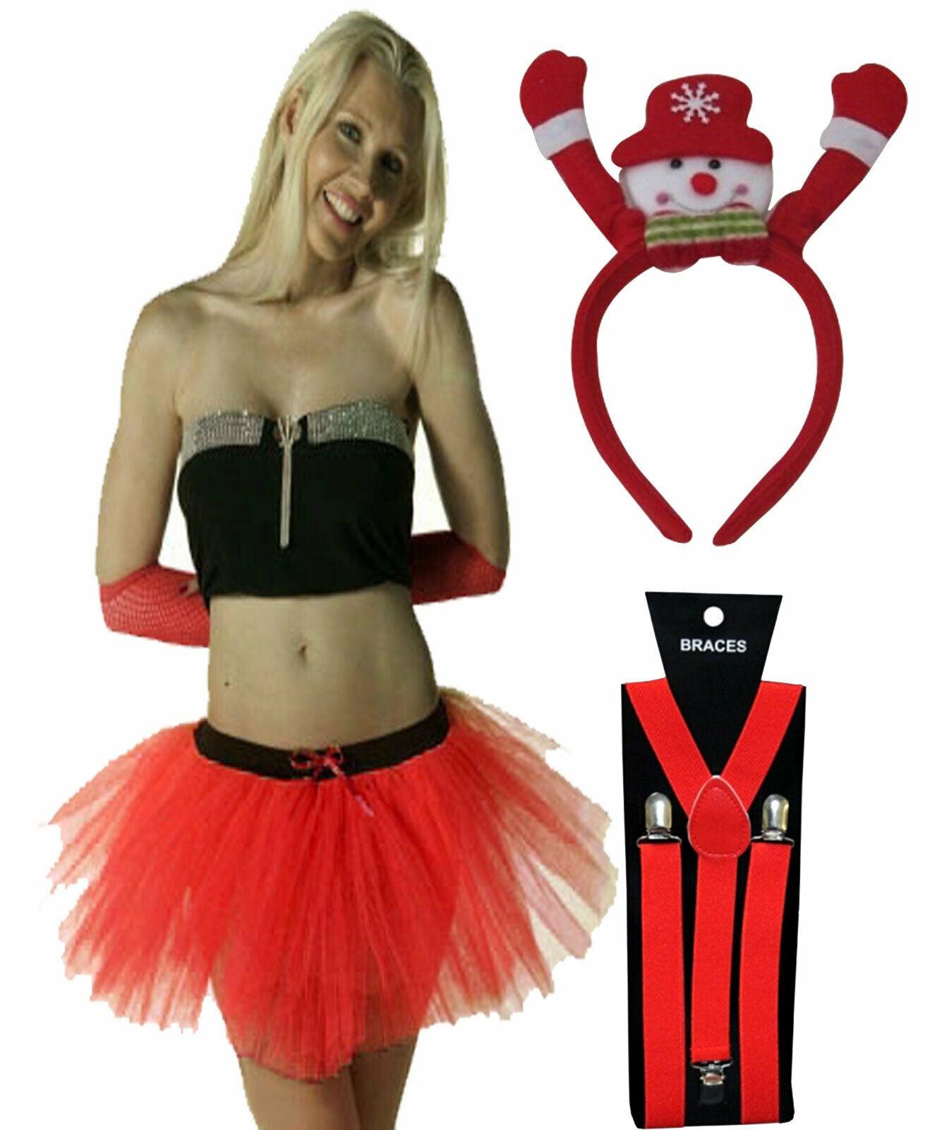 Ladies Snowman Aliceband Red Tutu Skirt Suspenders Christmas Fancy Dress - Labreeze