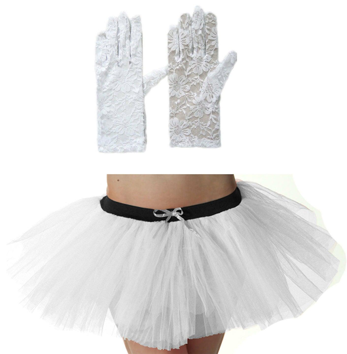 Ladies White 3 Layer Tutu Skirt Lace Gloves Dancewear Hen Night Fancy Dress - Labreeze