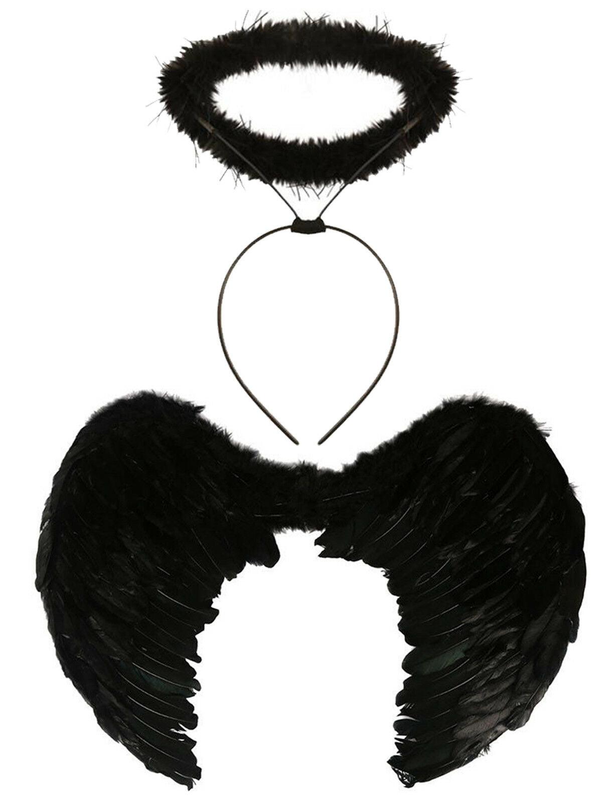 Large Real Feather Wings Black Fluffy Halo Halloween Fairy Party Fancy Dress - Labreeze