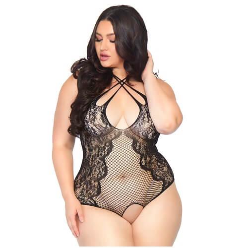 Leg Avenue Plus Size Net and Lace Crotchless Body - Labreeze