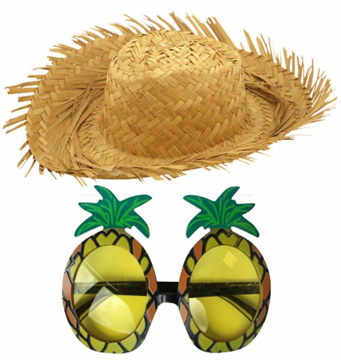 Male Straw Beachcomber Hat Pineapple Glasses Hawaiian Tropical Beach Party Set - Labreeze