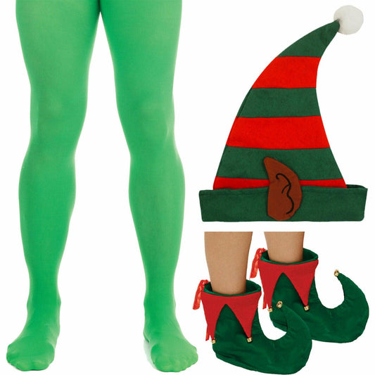 Male Tights Elf Hat W/Ears Shoe Covers Christmas Xmas Santa Helper Fancy Dress - Labreeze