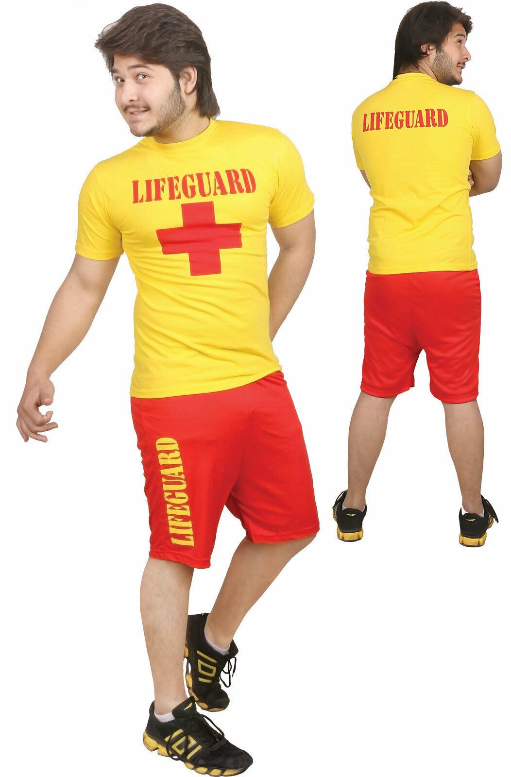 Men Life Guard T-Shirt Short Red Yellow Beach Miami Rescue Team Fancy Dress - Labreeze