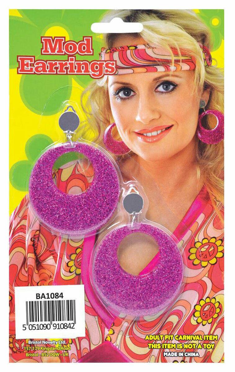 Mod Glitter Earrings Ladies Girls Hippy Retro 1960’s Fancy Dress Accessory - Labreeze