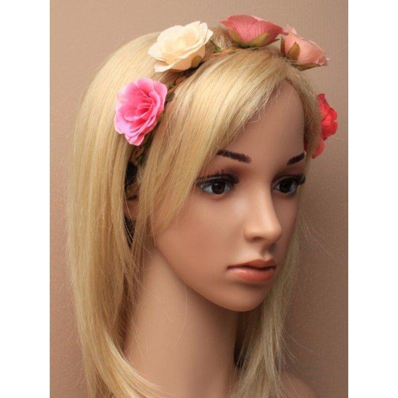 Natural plaited cord five fabric roses garland - Labreeze