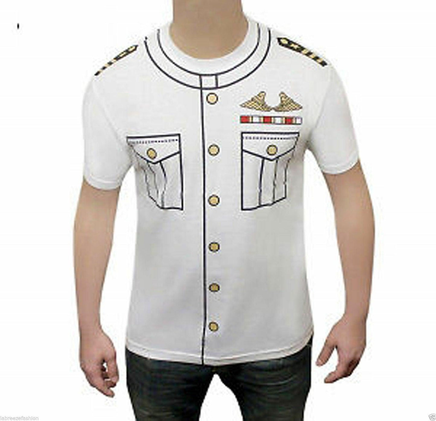 New Adults Adult Naval Officer Navy Captain Hat T-Shirt Fancy Dress Costume Set - Labreeze