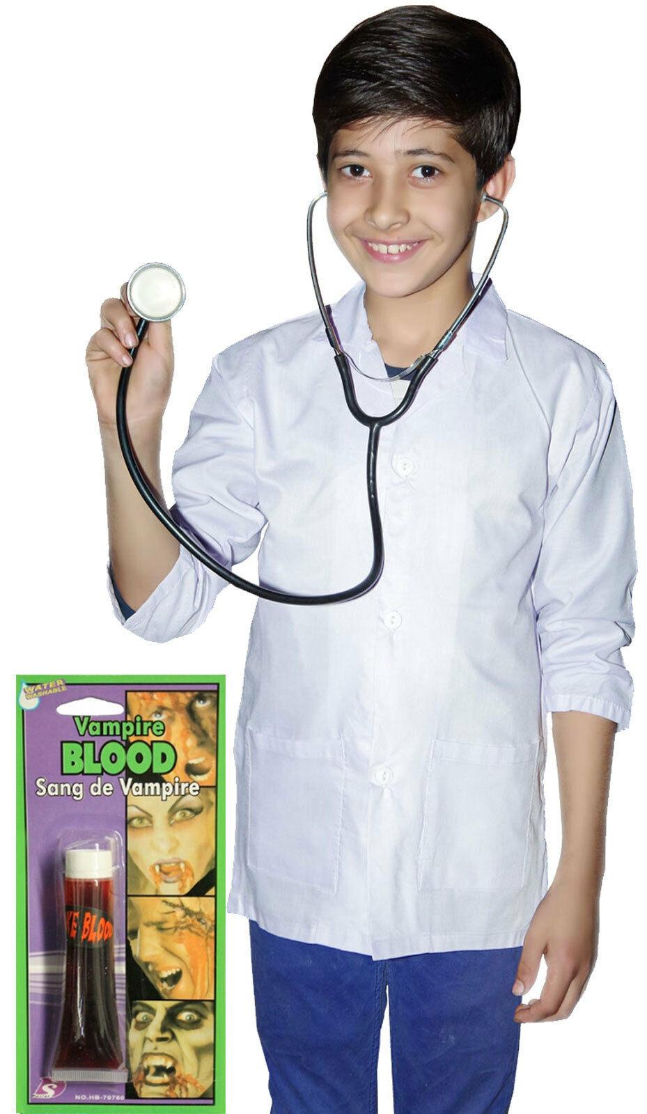 New Kids Girls Doctor Coat with Stethoscope Fake Blood Tube Halloween Costume - Labreeze