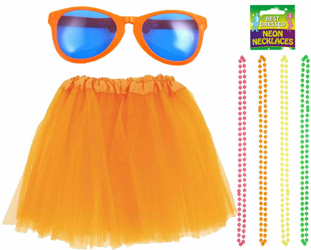Orange Satin Band Tutu Skirt Giant Glasses Beads Necklace Hawaiian Hula Party Se - Labreeze