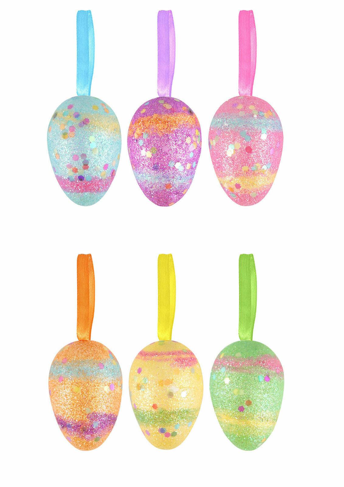 Pack of 6 Easter 5cm Assorted Glitter Eggs Festive Fancy Dress Party Decoration - Labreeze