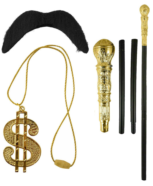 Pimp Accessory Set Gold Cane Dollar Necklace Mustache Party Fancy Dress - Labreeze