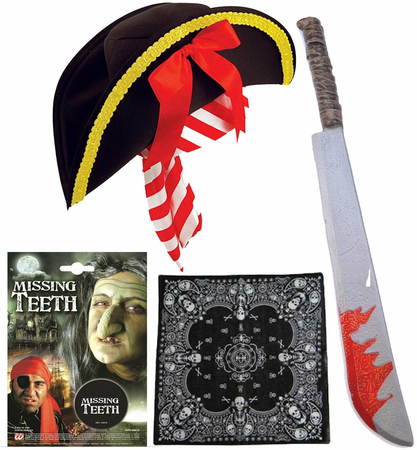 Pirate Hat Skull Bandana Missing Teeth Machete Halloween Horror Fancy Dress - Labreeze