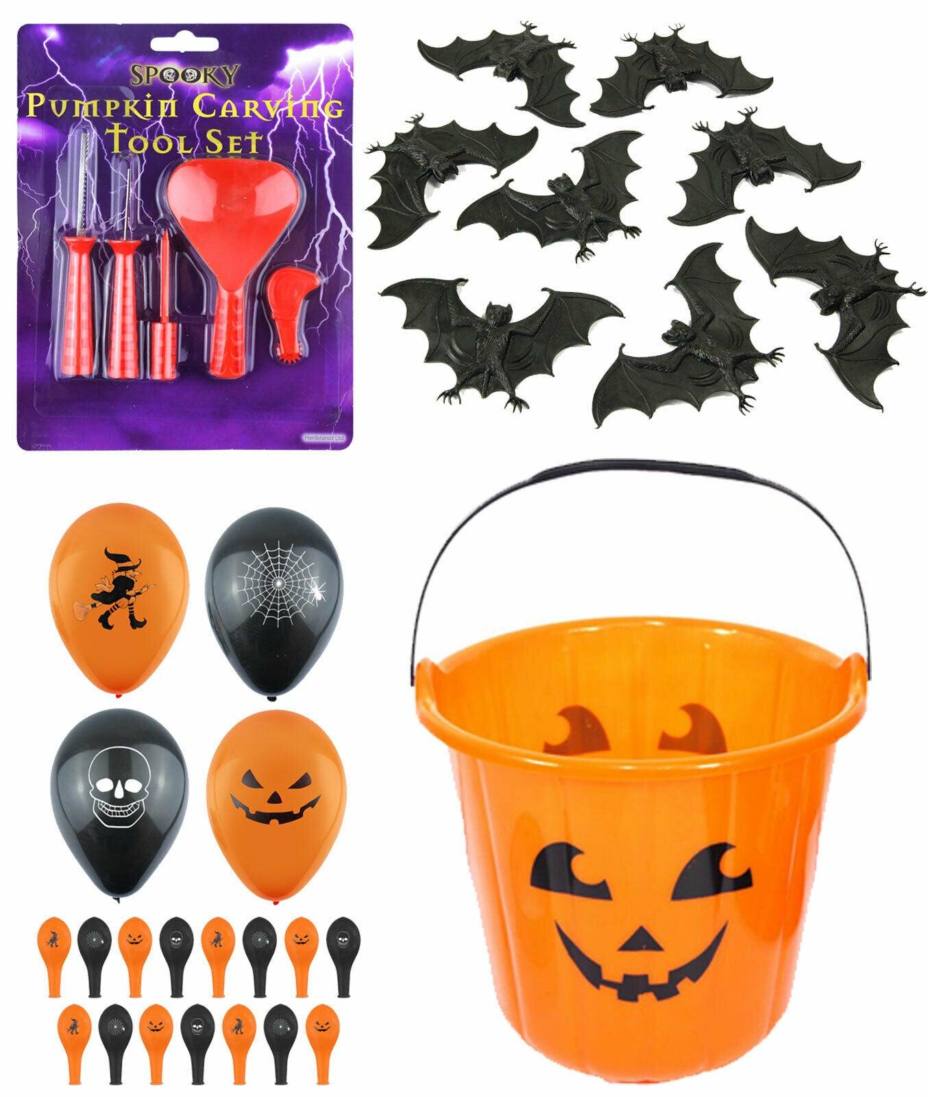 Pumpkin Carving Kit Bucket Balloons Scary Bats Halloween Party Decoration Set - Labreeze