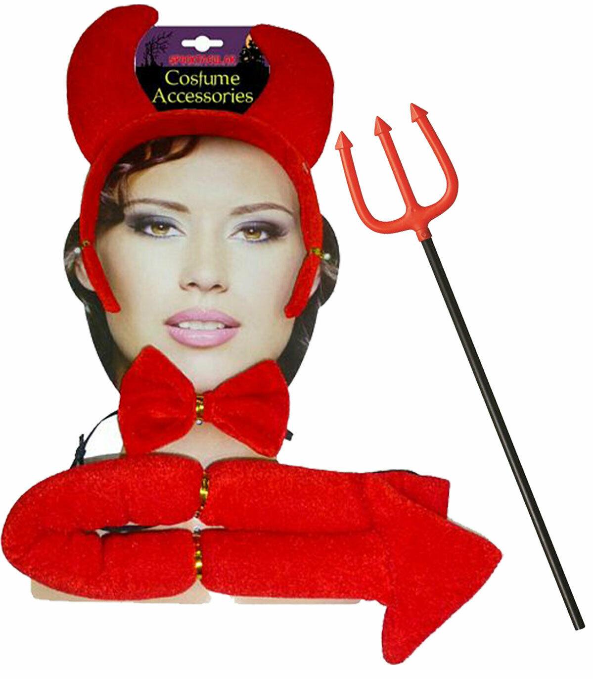 Red Devil Headband Bow Tie Tail Pitch Fork Set Halloween Devil Costume Accessory - Labreeze
