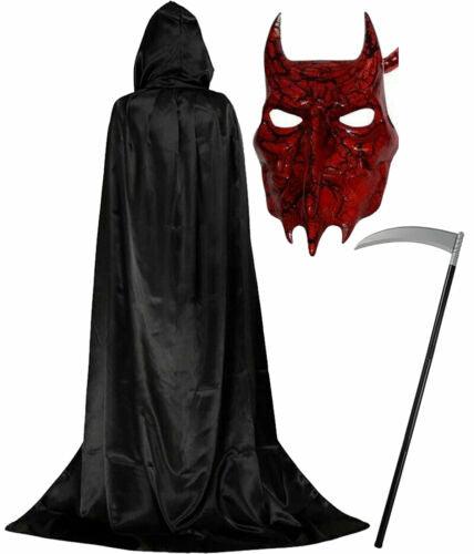 Satin Hooded Cape Devil Metallic Mask Grim Reaper Scythe Halloween Fancy Dress - Labreeze