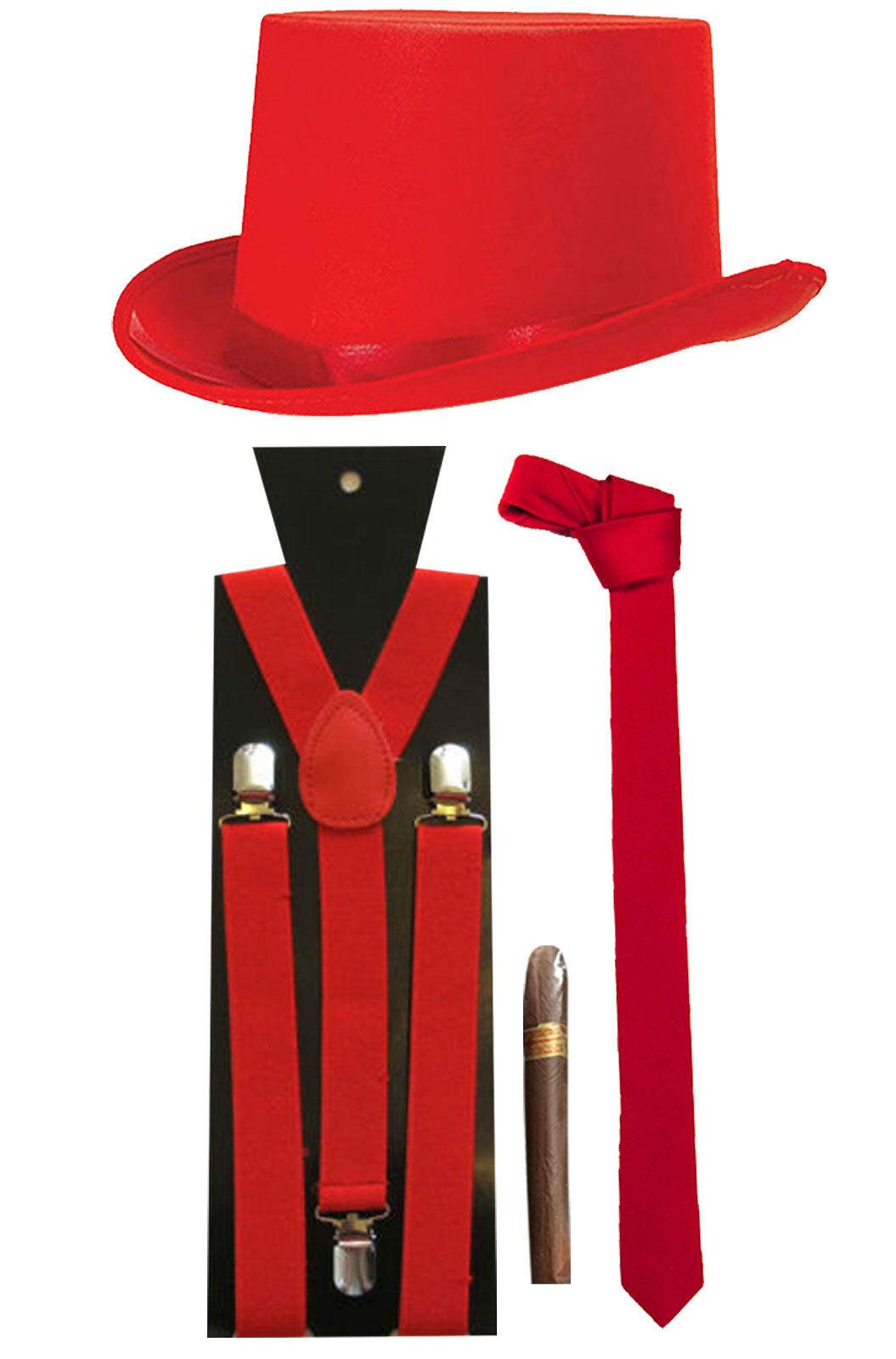 Satin Red Hat Braces Tie Cigar Tommy gun Fancy Costume Accessories lot - Labreeze