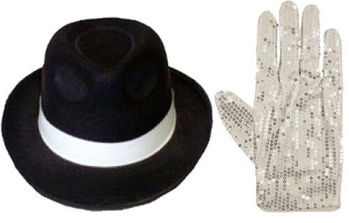 SEQUIN GLOVE & BLACK HAT MICHAEL JACKSON SPARKLE THRILLER STYLE FANCY DRESS - Labreeze