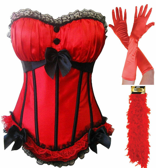 Sexy Hot Red Bow Lace Corset Long Gloves Feather Boa Halloween Devil Fancy Dress - Labreeze