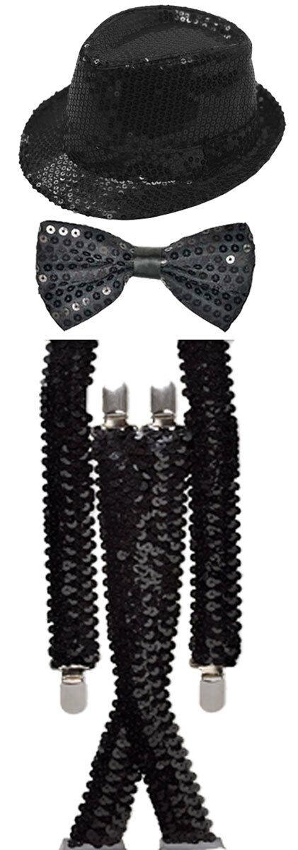 Sparkling Black Sequin Hat Braces Dicky DickieBow Tie Fancy Party Accessory Set - Labreeze