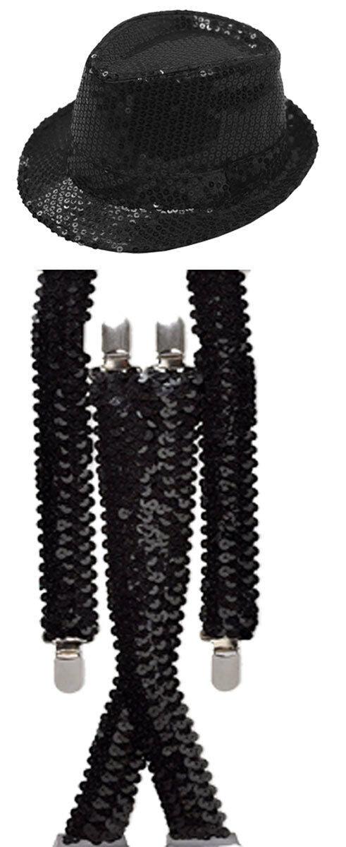 Sparkling Black Sequin Hat Braces Dicky DickieBow Tie Fancy Party Accessory Set - Labreeze