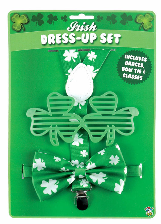 St Patrick’s Day Instant Kit Irish Green Braces Glasses Bow Tie Fancy Dress Set - Labreeze