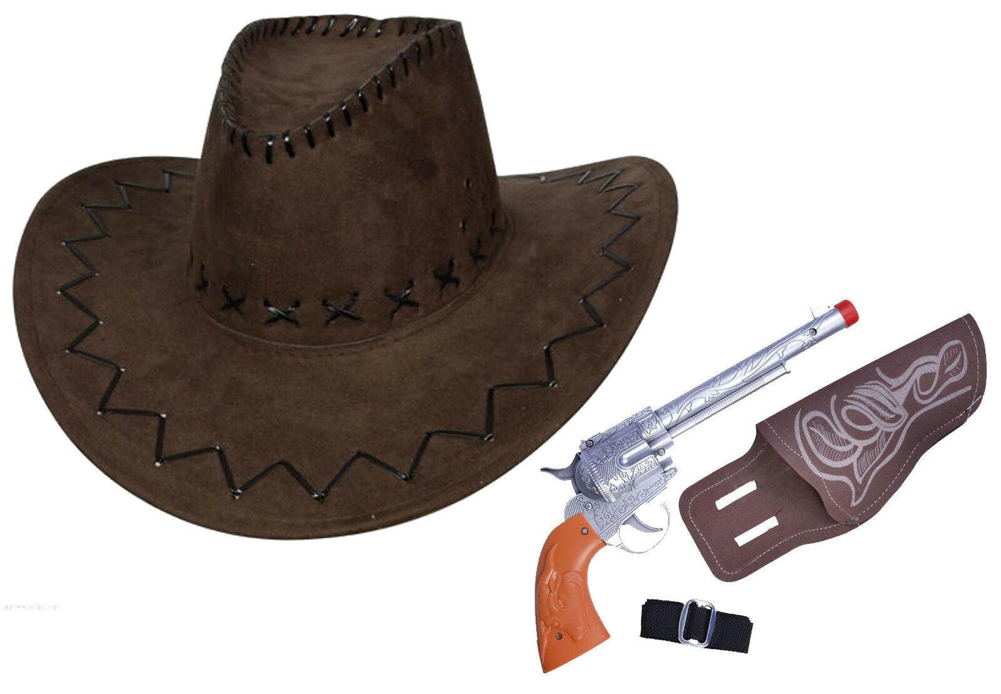 Suede Look Wild Western Cowboy Hat & Plastic Gun with Black Belt Fancy Dress Set - Labreeze