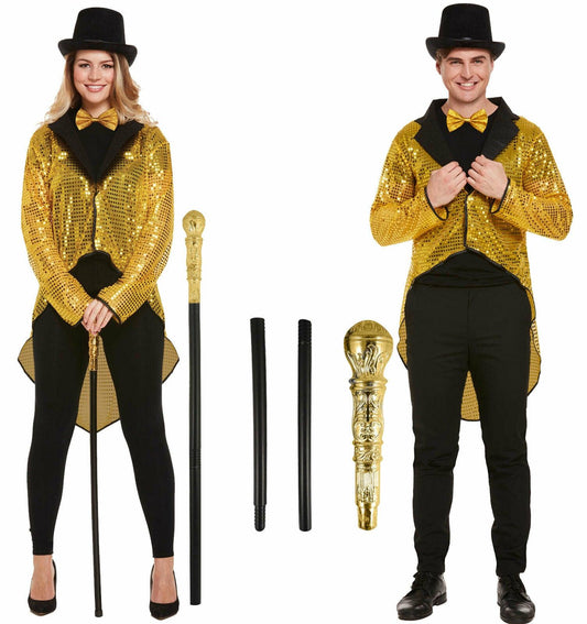 Tail Coat Sequin Unisex Gold Lincoln Hat Pimp Stick 3Pc Circus Ringmaster Costum - Labreeze