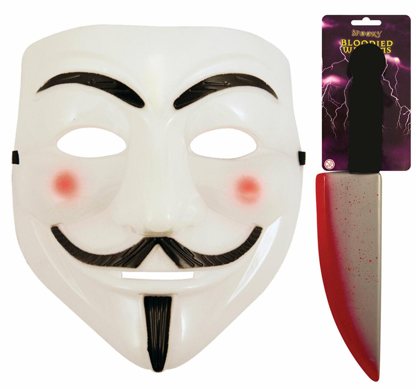 V for Vendetta Face Mask Blooded Knife Weapon Halloween Horror Fancy Dress Set - Labreeze
