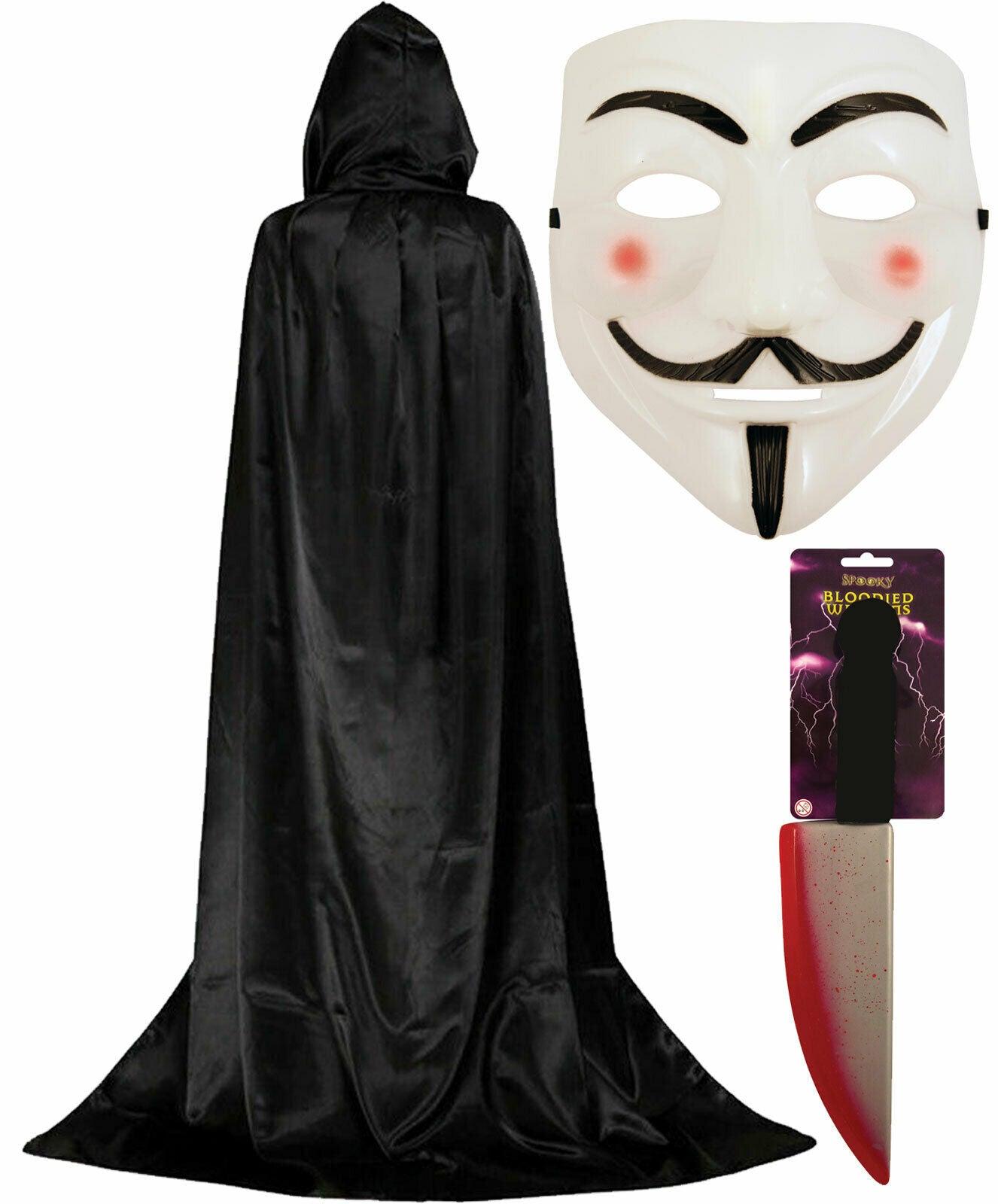 V for Vendetta Mask Satin Hooded Cape Blooded Knife Halloween Fancy Dress Set - Labreeze
