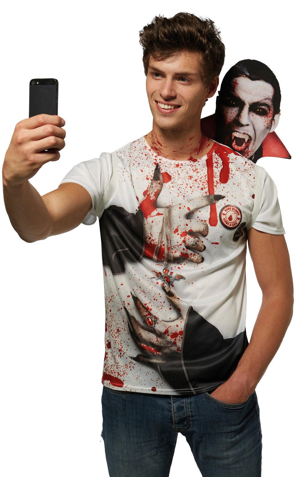 Vampire Selfie T-shirt Adults Halloween Fancy Dress Vampires Top Dracula Men's - Labreeze