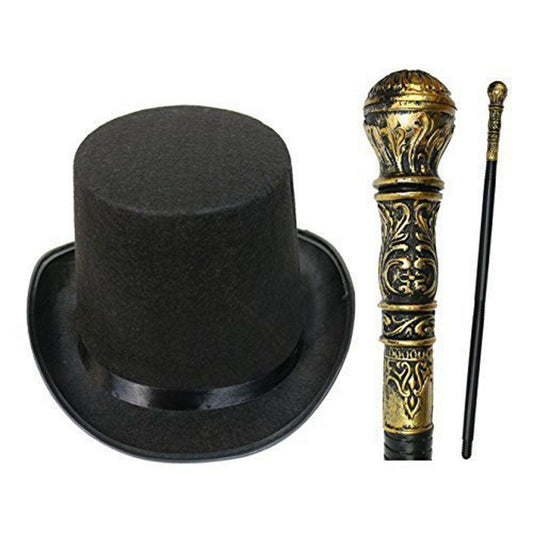 Victorian Gentleman Kids Adults Black Top Hat & Pimp Cane Fancy Dress Set - Labreeze