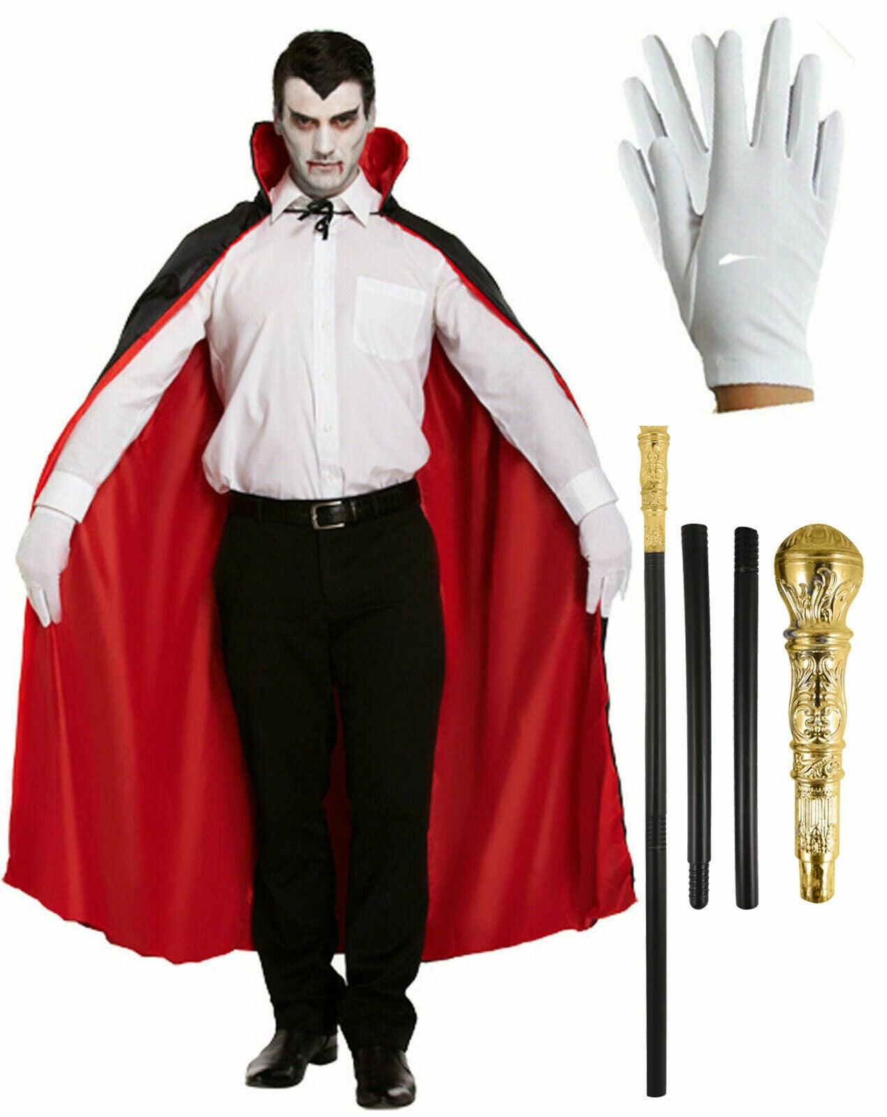 Victorian Vampire Reversible Cape Gold Cane Stick Halloween Dracula Costume - Labreeze
