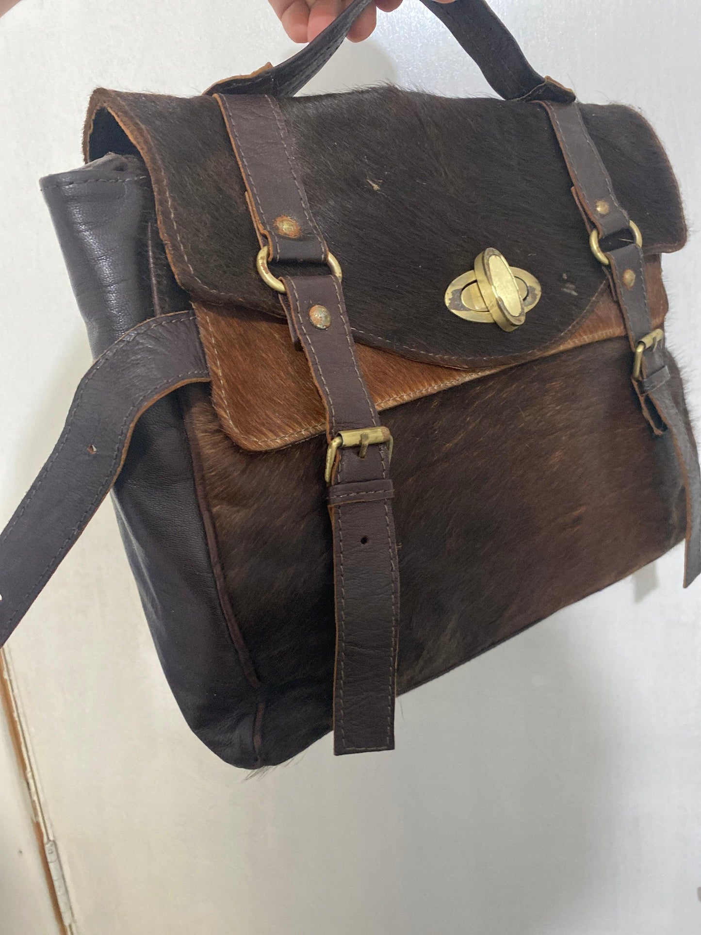 Vintage handmade real fur leather shoulder handbag Moroccan bag - Labreeze